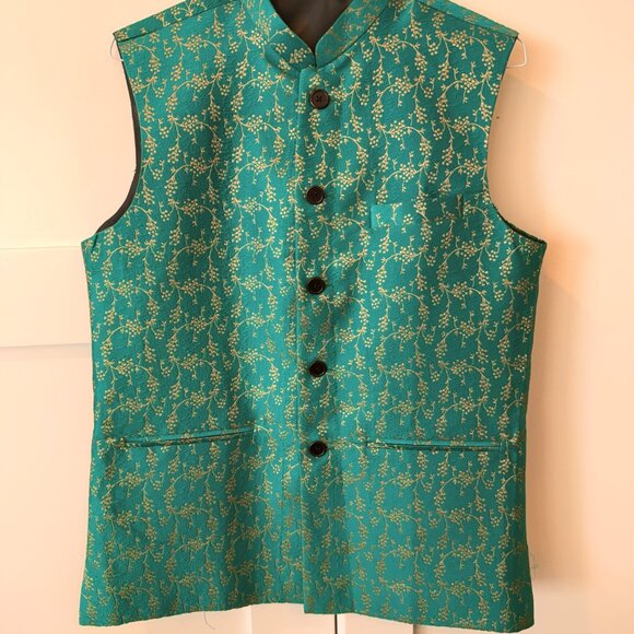 Green/Gold Kurta Vest - Nehru / Bandi Jacket (L/XL) - Picture 2 of 2